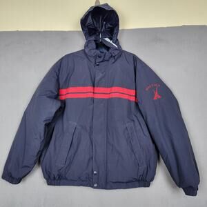 Nautica Reversible Puffer Jacket Mens Large Blue Hooded Down Stripe Nautical
